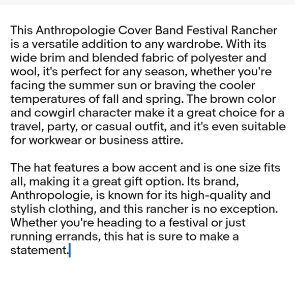 ⚡️Sale NWT Anthro Cover Band Rancher Festival Chic Hat OS - Picture 11 of 11